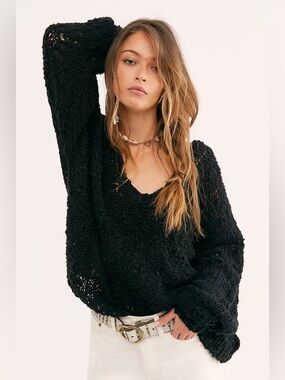Free People Black Sunday Shore Pullover Sweater V Neck Slouchy Knit Boho Cozy